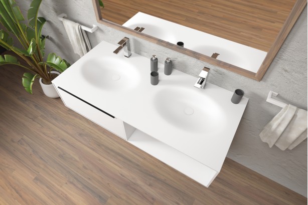 PERLE double washbasin unit with one drawer, one niche in Corian® side view