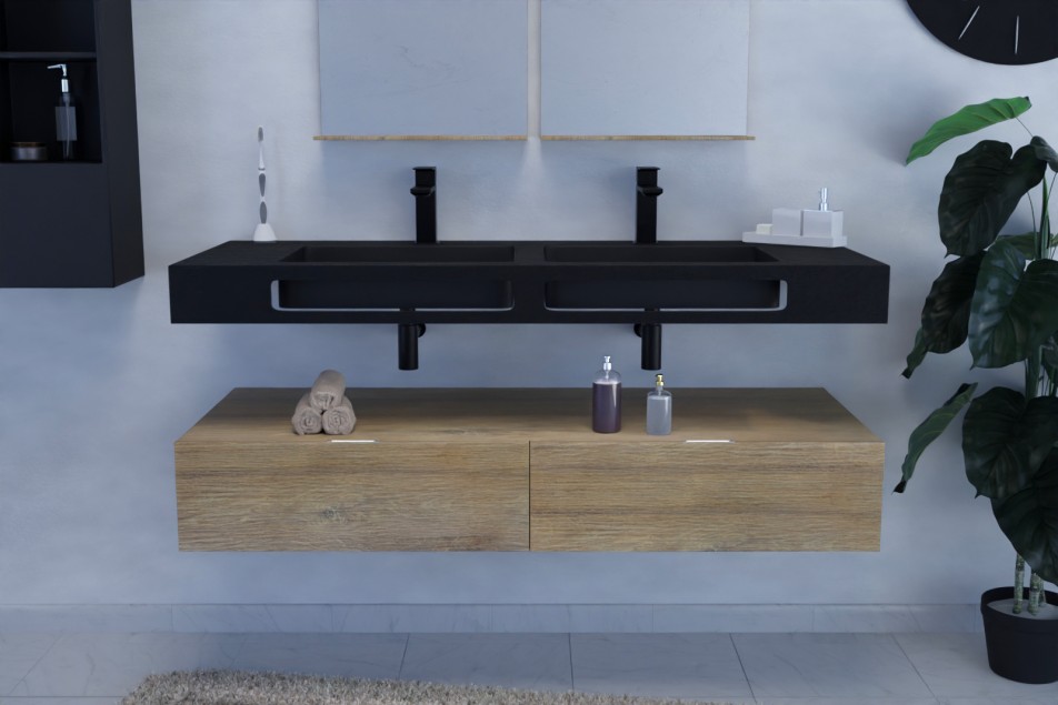 Black KRION® NATURAL double sink with towel rail front view