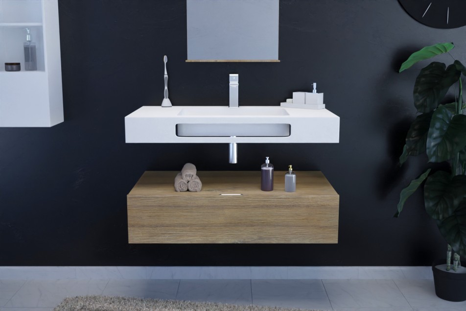 White KRION® NATURAL single central sink unit with towel rail front view