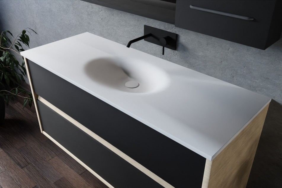 Esquisse 120 oak single washbasin unit PERLE white, front black without foot, plunging view