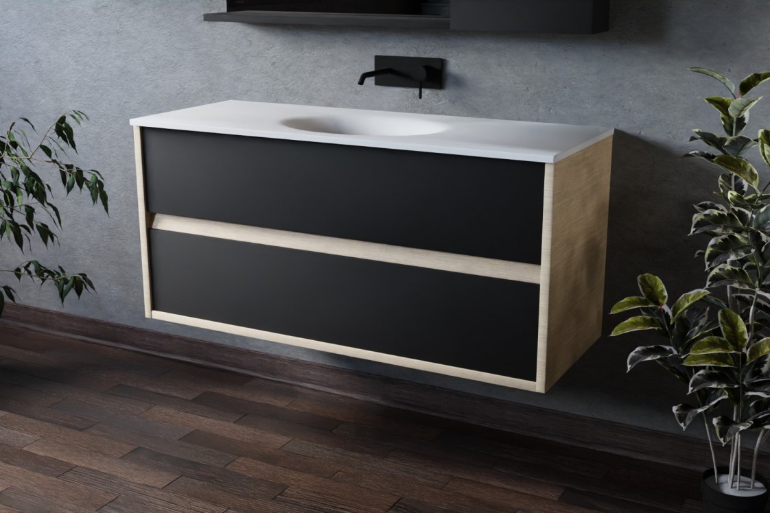 Esquisse 120 oak single washbasin unit PERLE white, front black without foot, side view