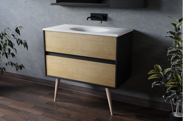 Esquisse 90 black single washbasin PERLE white, cognac oak front with foot, side view