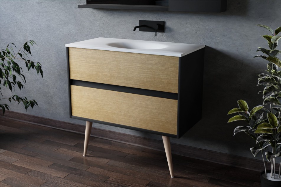 Esquisse 90 black single washbasin PERLE white, cognac oak front with foot, side view