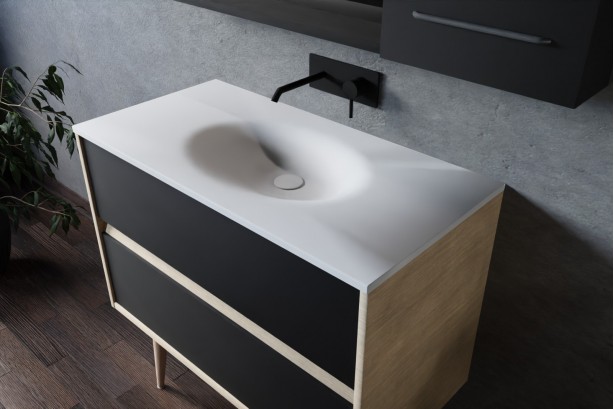 Esquisse 90 oak single washbasin PERLE white, black front with foot, plunging view