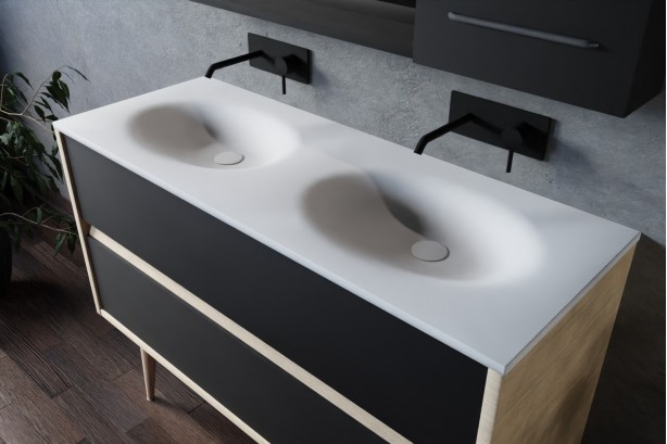 Esquisse 120 oak double washbasin PERLE white, black front with foot, plunging view