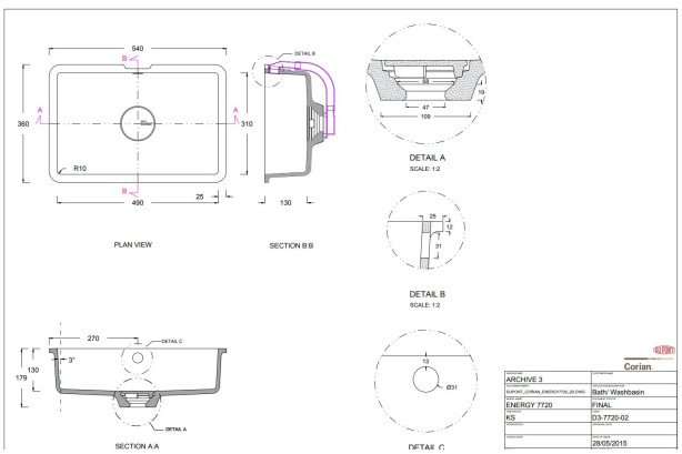 Simple vasque sur plan HUMMOCK en CORIAN® vue technique