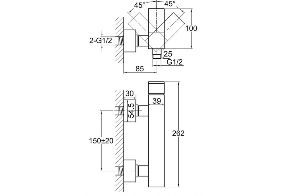 Technical drawing Kramer® Gossip CHROME wall-mounted designer shower mixer