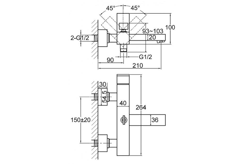 Technical drawing of the Kramer® CHROME Gossip wall-mounted bath and shower mixer