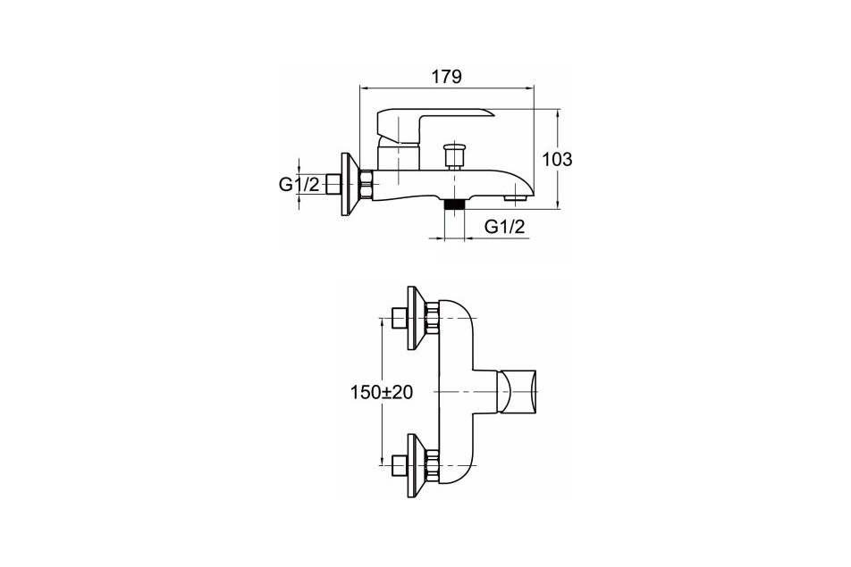 Technical drawing for Kramer® Matte Black Colors wall-mounted bath and shower mixer