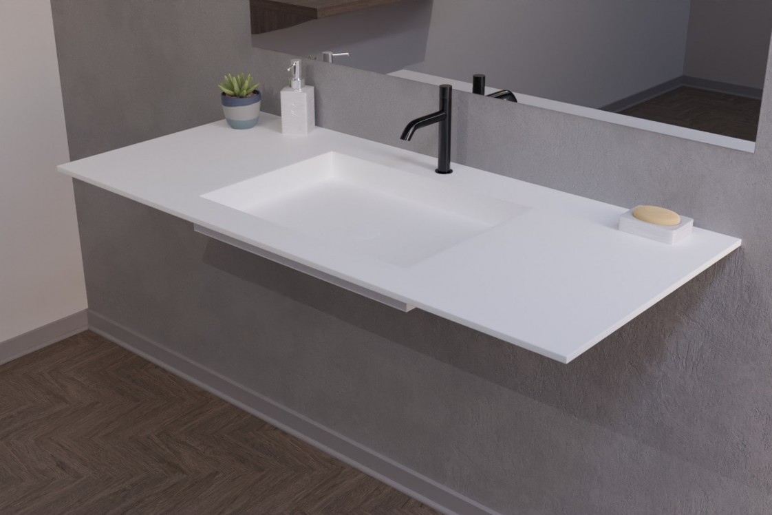 Plan Vasque Corian® GIBRALTAR Blanc sur meuble vue de côté