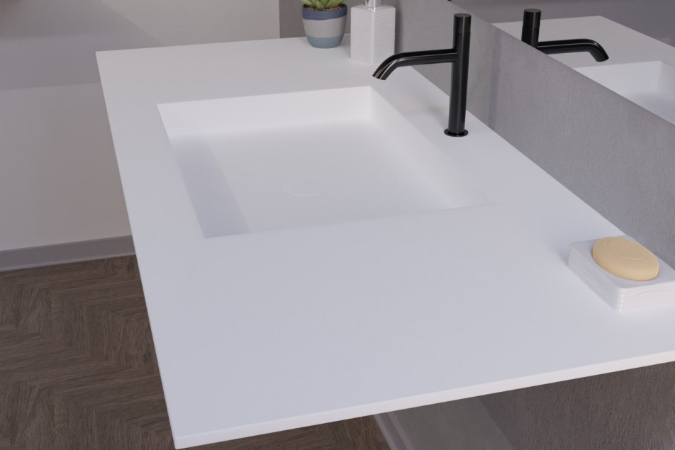 Plan Vasque Corian® GIBRALTAR Blanc sur meuble vue de côté