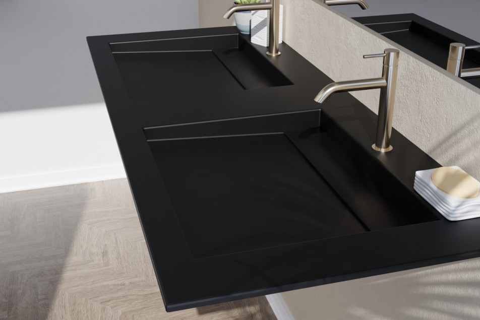 Black double washbasin Krion® XL HOUAT on cabinet side view