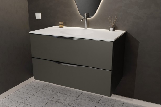 MOOREA single washbasin unit in Krion® Graphite finish, front view