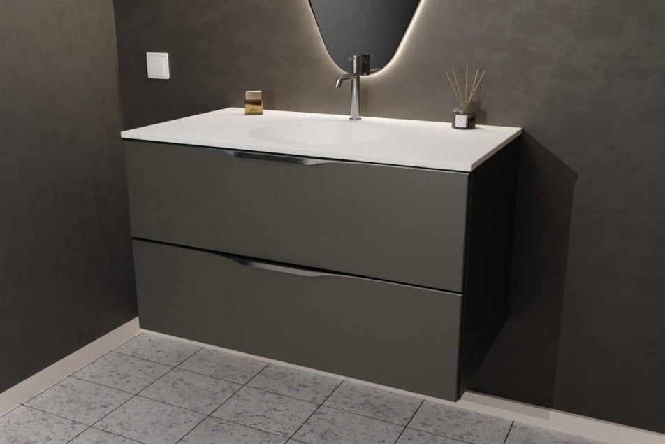 Meuble simple vasque MOOREA en Krion® finition Graphite vue de côté