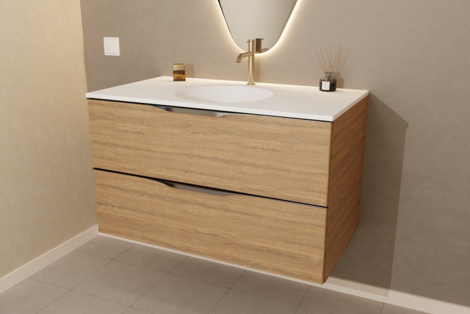 MOOREA single washbasin unit in Krion® Oak finish Halifax side view