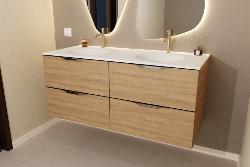 MOOREA double washbasin unit in Krion® Oak finish Halifax side view