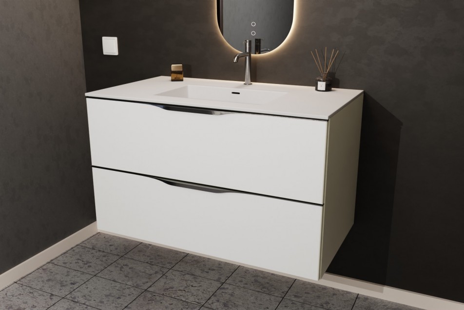 Meuble simple vasque CHANCEL en Krion® coloris Blanc Polaire vue de côté