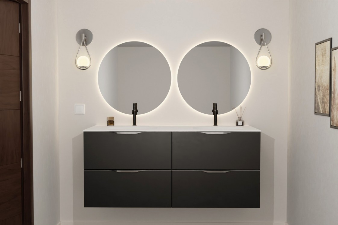 TAHAA double washbasin unit in Krion® colour black front view