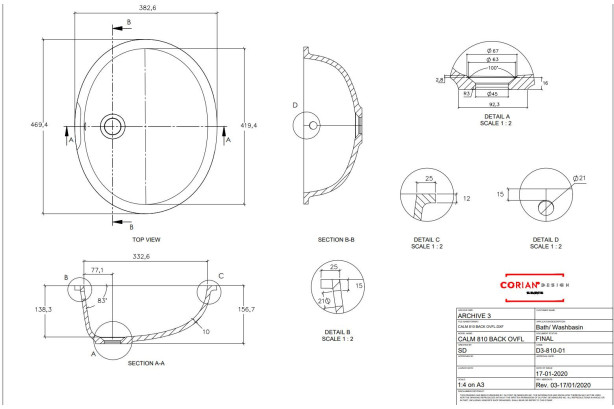 BARROW Single washbasin in CORIAN® technical view