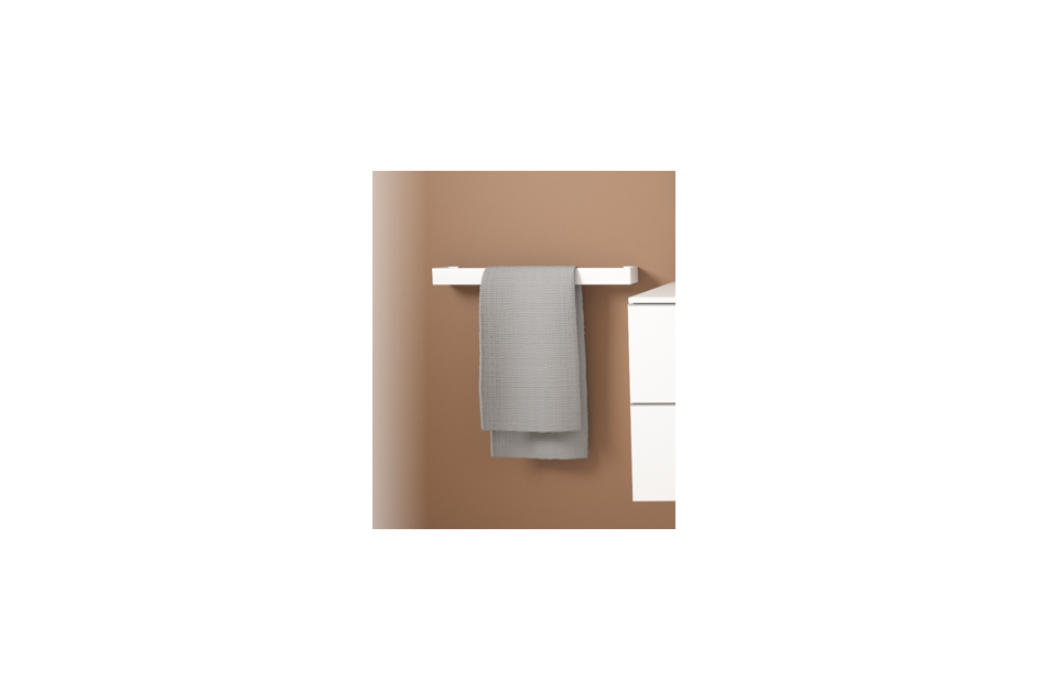 KRION® solid surface towel rail seen from the side with a towel