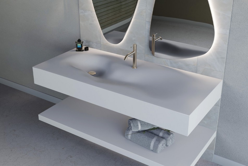 Plan vasque CORIAN® RIVEANE suspendu vue de côté