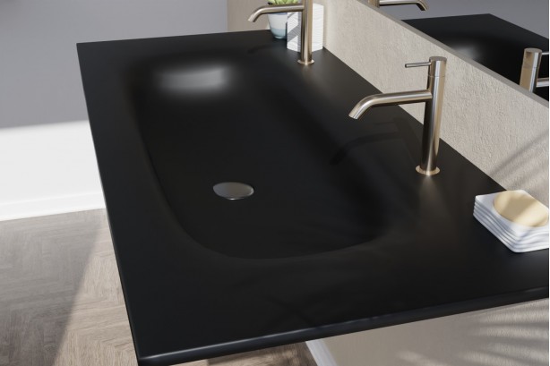 Plan vasque Corian® Mille-Îles sur-meuble noir vue de côté