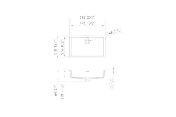 CHANCEL KRION® single sink unit technical view