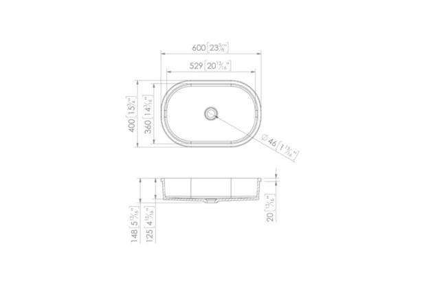 TONNARA single washbasin in Krion® technical view