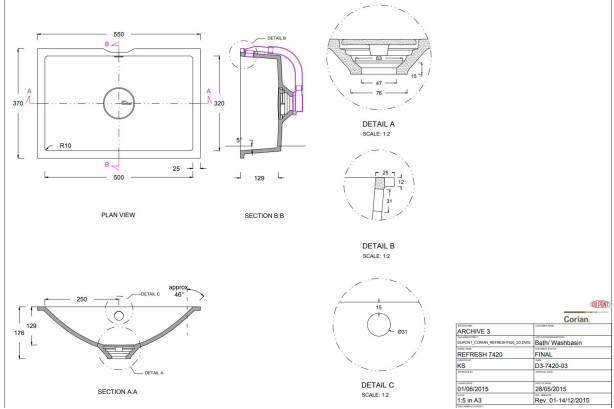 MONTEBELLO single washbasin in CORIAN® technical view