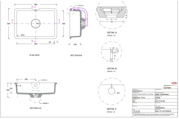 SAIL ROCK single washbasin in CORIAN® technical view