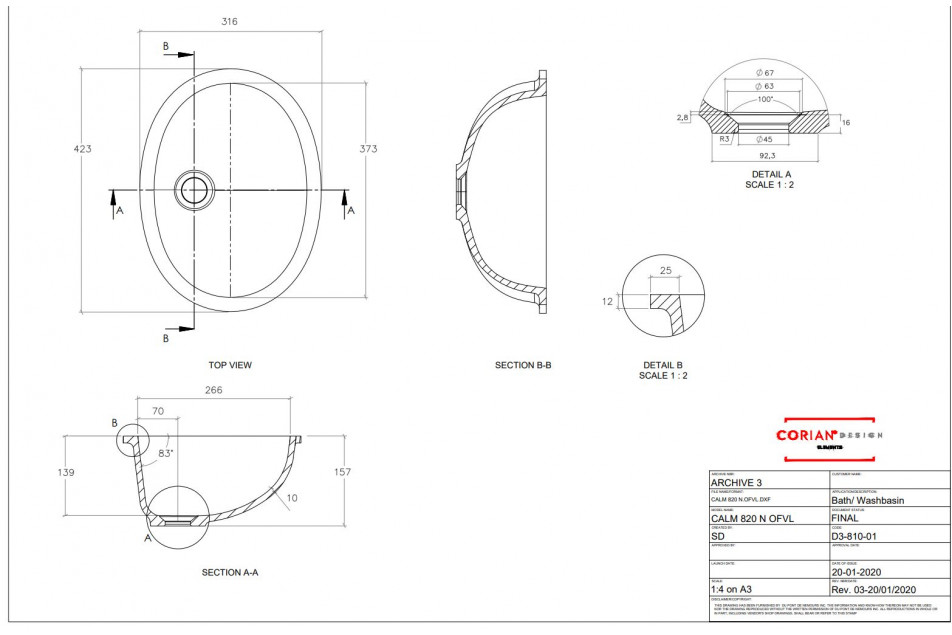 BIGGE single washbasin in CORIAN® technical view