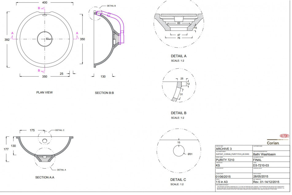 BETSEY single washbasin in CORIAN® technical view