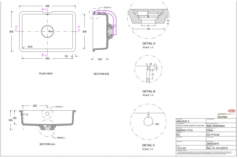 SAIL ROCK single washbasin in CORIAN® technical view