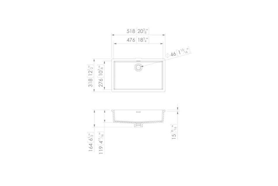 CHANCEL double washbasin in Krion® technical view