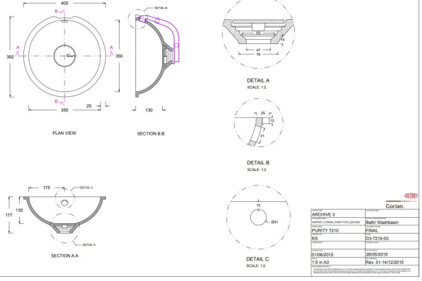 BETSEY single washbasin in CORIAN® technical view