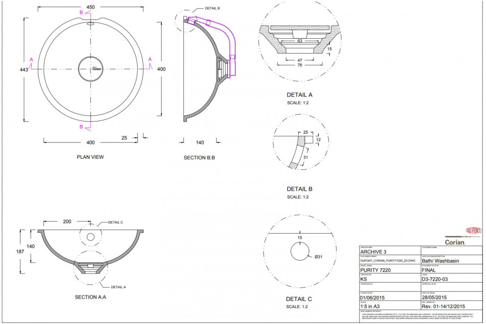 BRUNY single washbasin in CORIAN® technical view