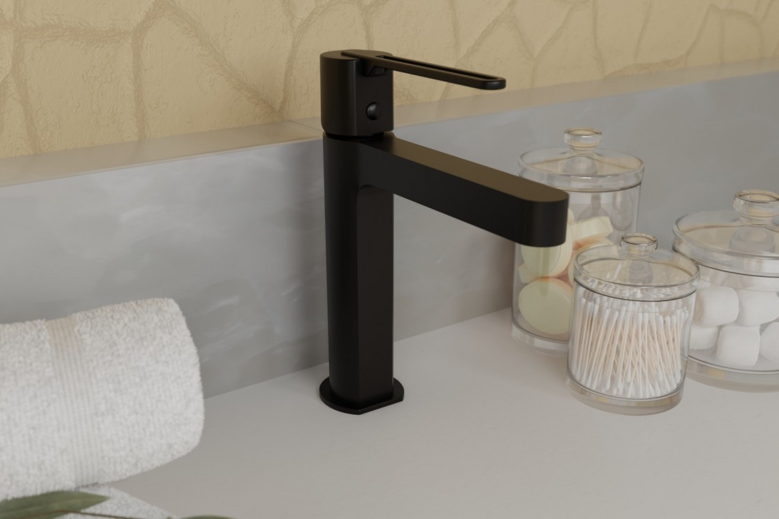 Hanaé matte black single lever basin mixer - side view