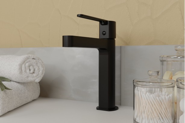 Hanaé single lever basin mixer, free-standing, matt black - side view