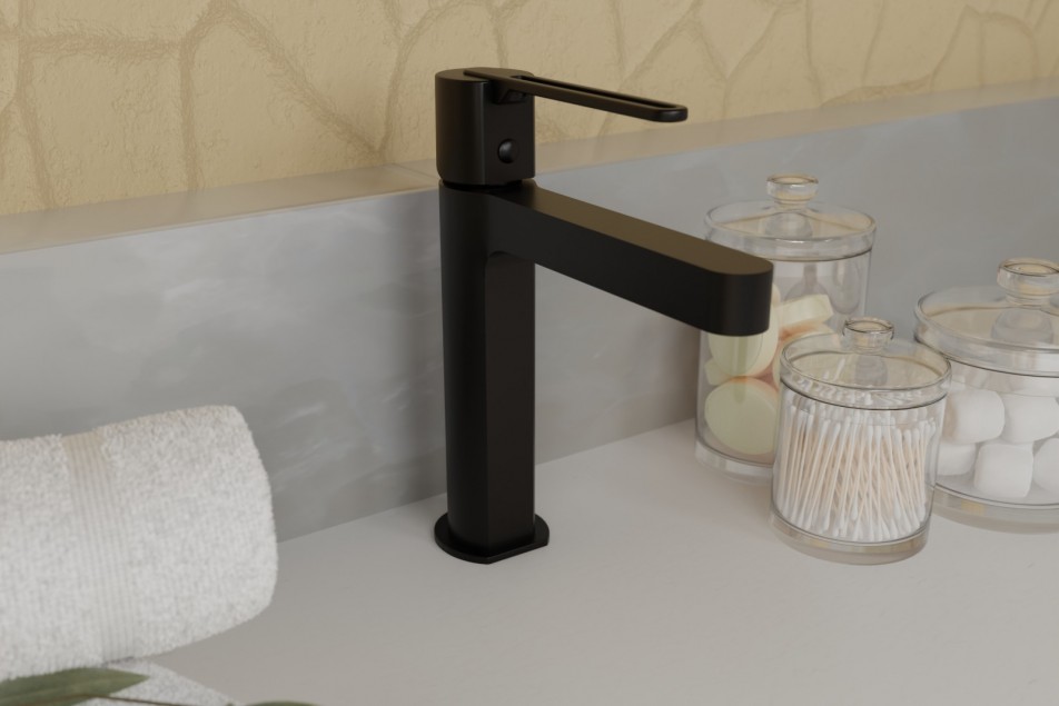 Hanaé single lever basin mixer, free-standing, matt black - side view