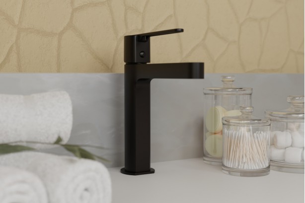 Hanaé single lever basin mixer, free-standing, matt black - side view