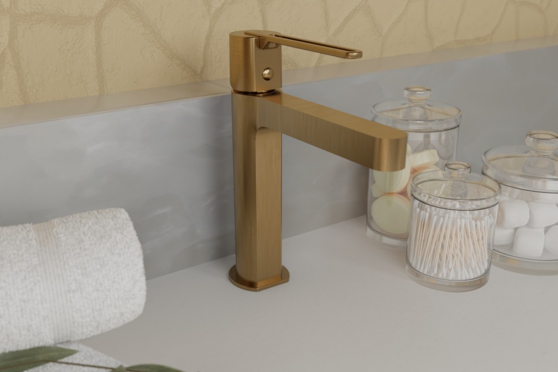 Hanaé freestanding single lever basin mixer in brushed gold - front view