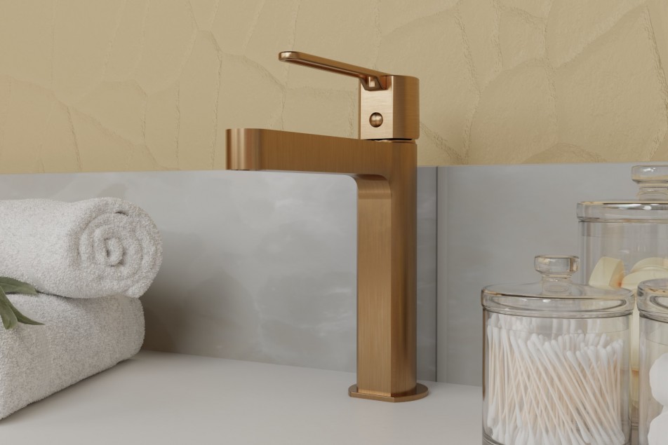 Hanaé single lever brushed copper washbasin mixer - side view