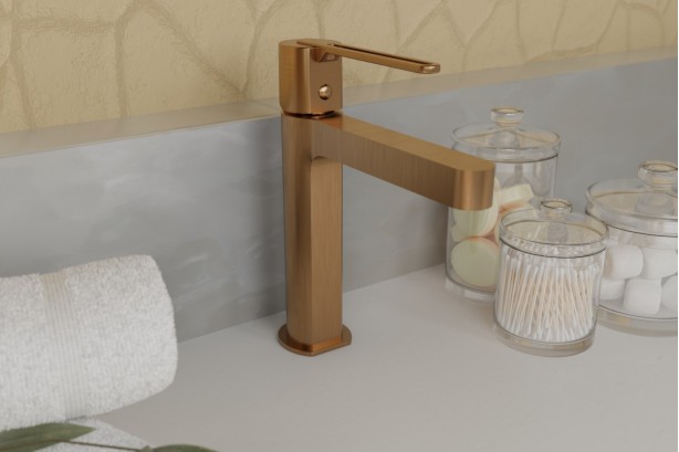 Hanaé single lever brushed copper washbasin mixer - front view