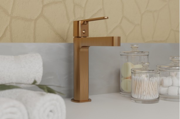 Hanaé single lever brushed copper washbasin mixer - side view