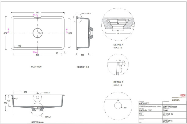 BLACK ROCK double washbasin in CORIAN® technical view