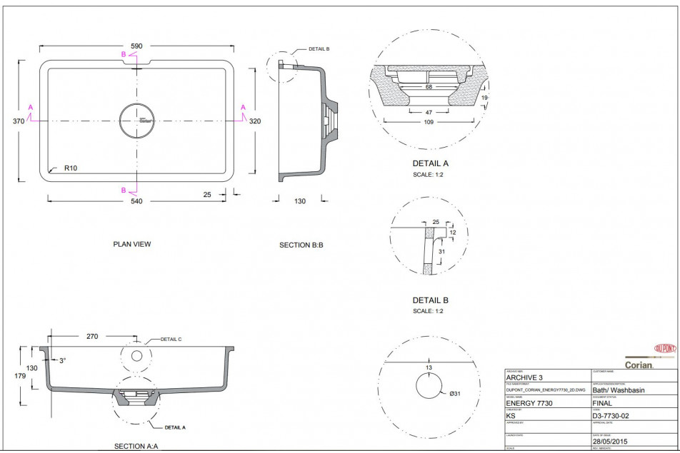 BLACK ROCK double washbasin in CORIAN® technical view