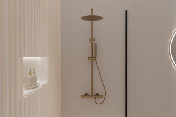 Hanaé shower column in brushed gold - front view