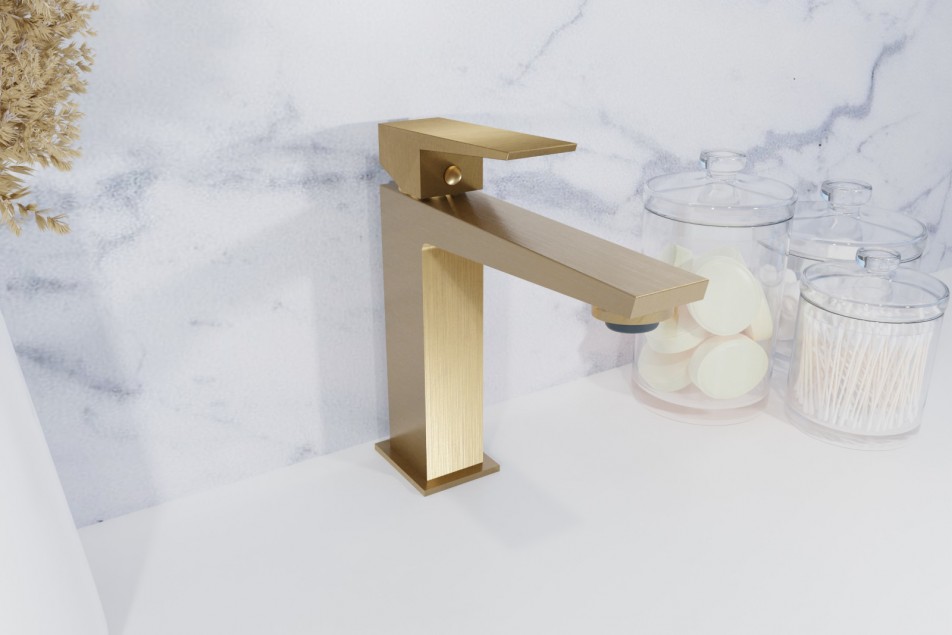 Grafik freestanding basin mixer in brushed gold - side view