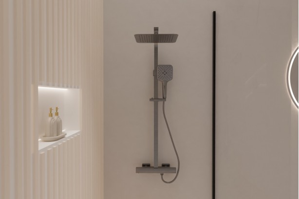 Grafik free-standing shower column in gun PVD - front view