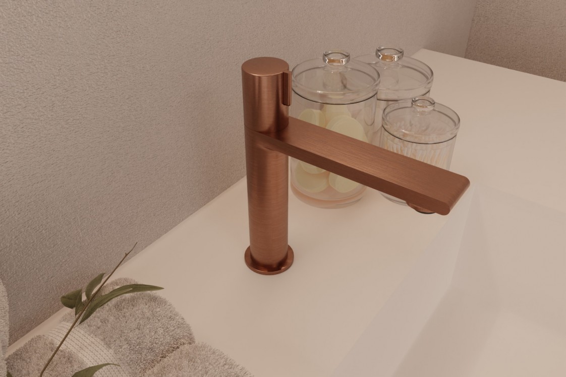 Figaro progressive single lever basin mixer in brushed copper - top view